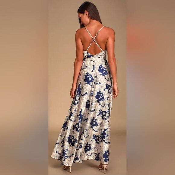Lulus Tea Gardens Navy Blue Floral Print Satin Maxi Dress NWT Small blue/white - Picture 2 of 7
